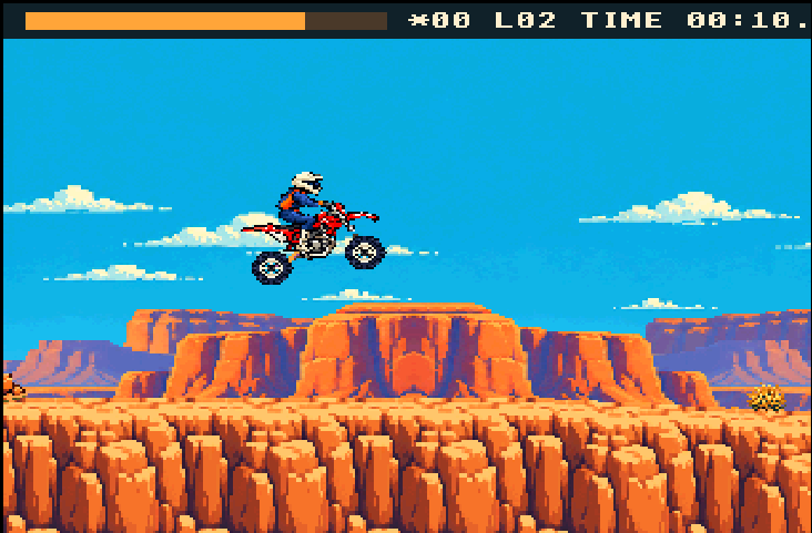 Canyon Rider motorcycle in mid-air above Level 02